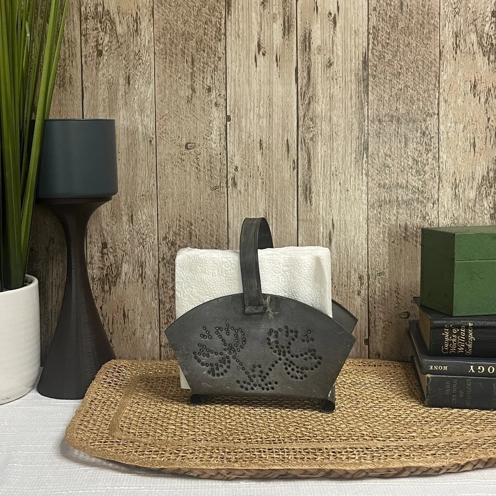 Vintage Metal Napkin Holder Rustic Farmhouse - Punched Floral Design